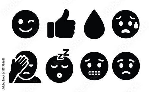 Emotional solid icons set – filled, silhouette, mood and expression symbols