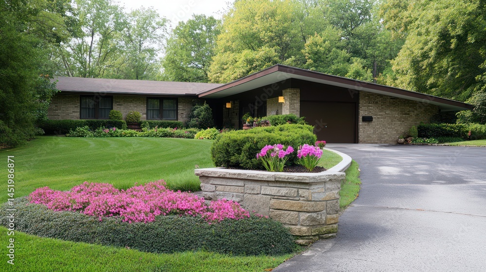 Fototapeta premium Mid-century modern home with manicured lawn and landscaping. Stone exterior, lush greenery, pink flowers, driveway