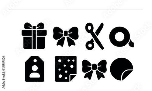Gift wrapping solid icons set – filled, holiday, packaging symbols