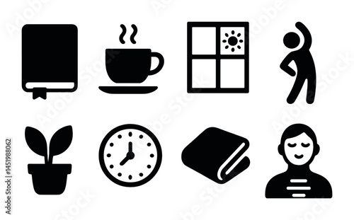 Daily routine silhouette icons set – solid, lifestyle, everyday activity symbols