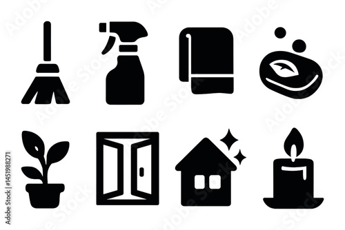 Home cleaning and decor silhouette icons set – house, tidy, domestic symbols