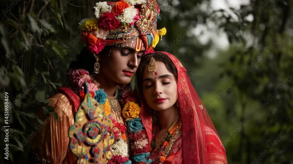 Janmashtami. A scene young man and woman dressed up as Radha and Krishna, showcasing love, culture, and spiritual connection in an enchanting outdoor setting surrounded by nature. Janmashtami. A scene young man and woman dressed up as Radha and Krishna, showcasing love, culture, and spiritual connection in an enchanting outdoor setting surrounded by nature.
