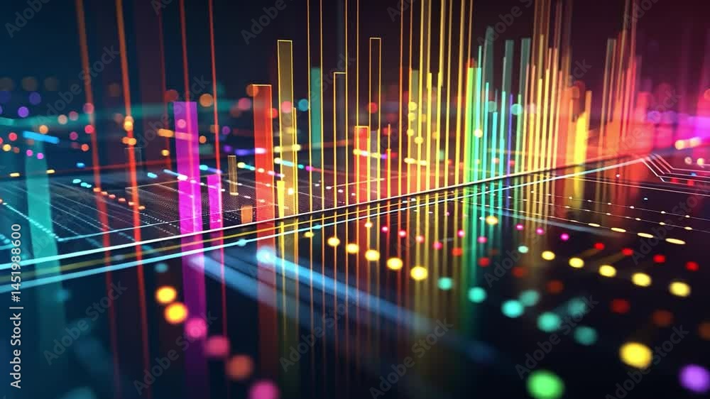 Vibrant and colorful digital data visualization featuring abstract bars and dots, showcasing energetic sound waves and innovative technology in dynamic graphic representation. Vibrant and colorful digital data visualization featuring abstract bars and dots, showcasing energetic sound waves and innovative technology in dynamic graphic representation.