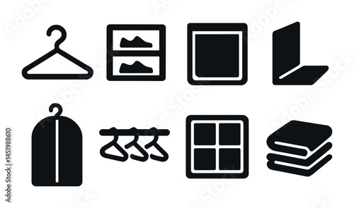 Wardrobe and closet solid icons set – silhouette, filled, storage and organization symbols