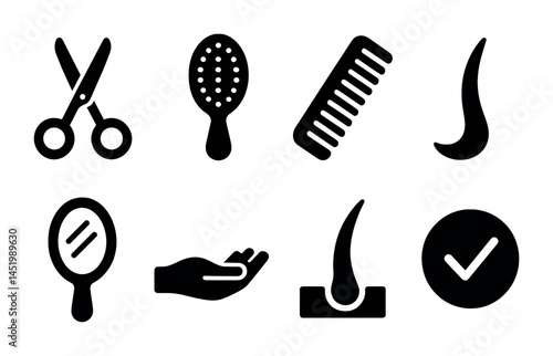 Hair care and styling solid icons set – grooming, beauty, salon tools