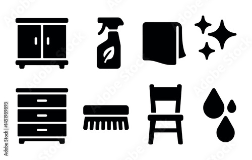 Home cleaning silhouette icons set – tidy, neat, household and sanitation symbols
