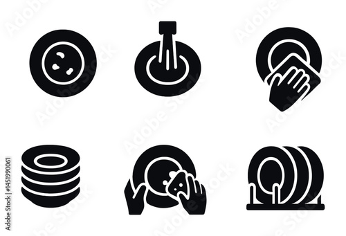 Dishwashing routine solid icons set – cleaning, hygiene, kitchen duty graphics