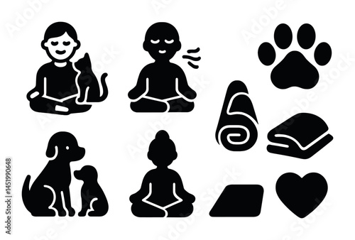 Pet and yoga solid icons set – filled, meditation, wellness vector symbols