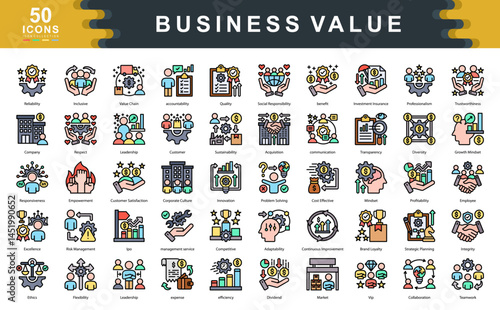 The Business Value flat line icon set defines key drivers of success such as leadership, responsibility, and performance, ideal for strategic planning, stakeholder engagement, and brand identity.