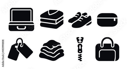 Travel and luggage solid icons set for packing and vacation planning essentials