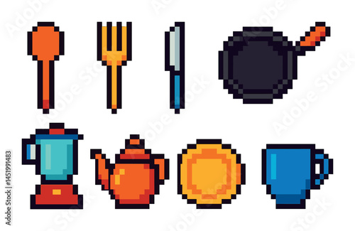 Obraz na płótnie Cooking essentials pixel art icons set – kitchen, culinary, food preparation graphics w salonie