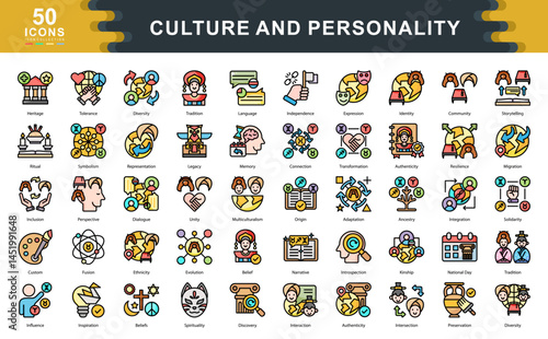 The Culture and Personality flat line icon set explores identity, diversity, and expression ideal for illustrating social values, global traditions, and inclusive communication.