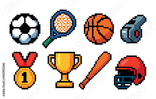Sports and games icons set in pixel art – athletics, competition, trophy symbols