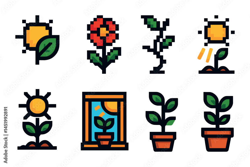 Fototapeta premium Gardening and nature pixel art icons set – vivid, detailed, plant and garden graphics