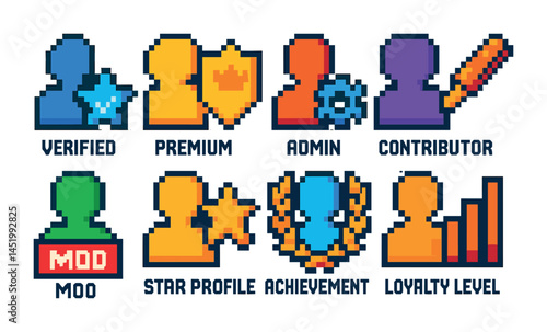 Gaming achievements pixel art icons set – badge, reward, level designs