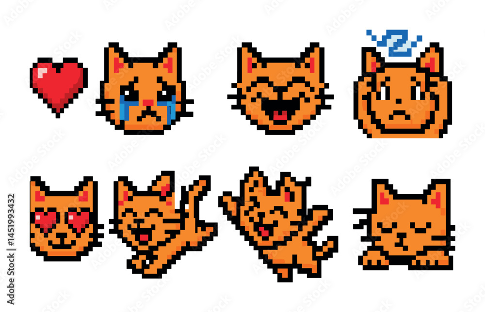 Cute pixel art cats icons set – emoji, feline, adorable expressions