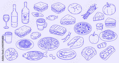 A hand-drawn blue outline food illustration featuring a variety of dishes and beverages including pizza, pasta, seafood, desserts, fruits, and drinks—ideal for culinary art,  italian food