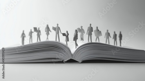 Minimal story characters printed on open page, soft shadows and balanced layout, top-down studio light