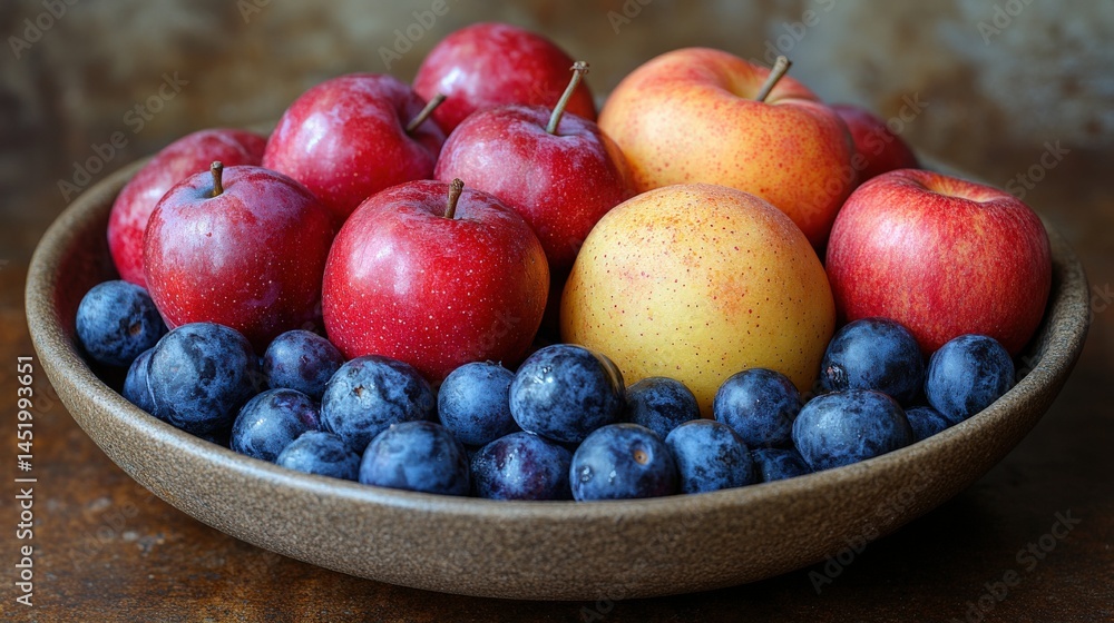 A vibrant bowl filled with fresh red and yellow apples alongside ripe blueberries on a rustic table A vibrant bowl filled with fresh red and yellow apples alongside ripe blueberries on a rustic table