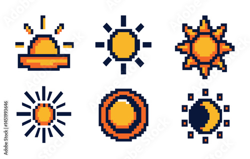 Sun and weather pixel art icons set – bright, colorful, climate symbols
