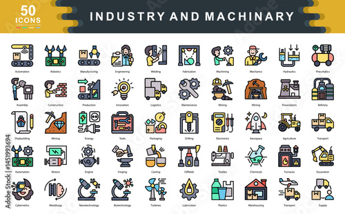 Industry and Machinery flat line icon set illustrates key elements of industrial operations, manufacturing, and innovation. Perfect for logistics,engineering, automation, and mechanical system visuals