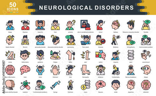 Neurological Disorders flat line icon collection set. Containing Sleepy,Stroke,Parkinson,Insomnia, Alzheimer, Nervous, stress,Fatigue,Brain,Medicine,Hallucination icon.Simple line vector