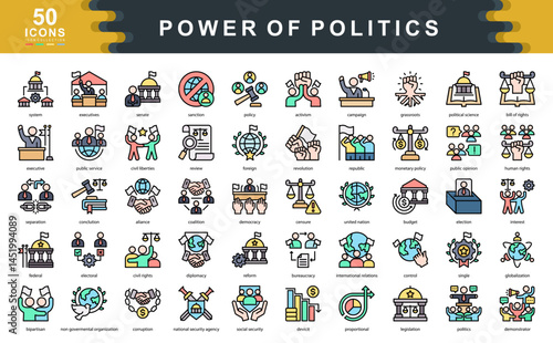 Power of Politics flat line icon set explores key political forces like democracy, policy, civil rights, and diplomacy ideal for educational, government, or civic engagement projects.