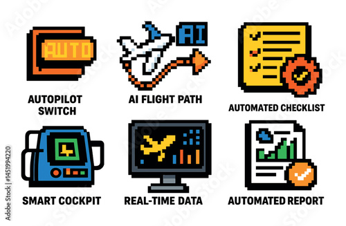 Ai and aviation pixel art icons set – tech, automation, digital symbols