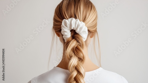 Photo of a blonde woman with a long braid. She has a hair scrunchie made from white cotton fabric around the back of her head. The material has a smooth texture with no wrinkles
