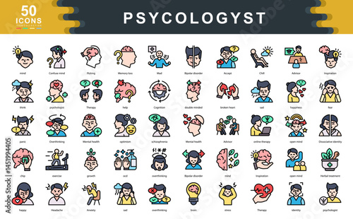 Psychologist Icon collection set Containing mind,Bipolar,disorder,Health,Medical,Therapy,Anxiety,ocd,happy,schizophrenia,Metrics Icon Simple Illustration