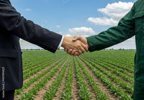 Farmer and Business man shaking hands symbolizing a successful business agreement or partnership, Handshake, Business partnership concept, Agriculture Business Partnership