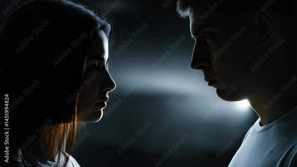 Intense studio shot of a young man and a woman facing each other, gazing intently in low key lighting, emotional connection, interpersonal drama.