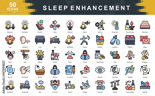 Sleep Enhancement flat line icon collection set. Containing,Relaxation,Meditation, Comfort,Habits, Darkness,Aromatherapy,Yoga,Insomnia,Napping,Melatonin icon.Simple line vector.