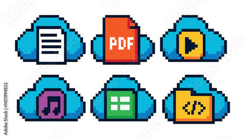 Cloud storage pixel art icons set – digital data management, file and media symbols
