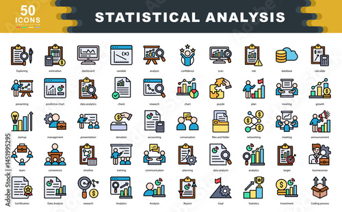 Statistical Analytic flat line Icons Collection contains Communication, Chart, meeting, Target, Exploring, Report, Training, Management, Investment, Accounting, Networking Icons Simple Illustration