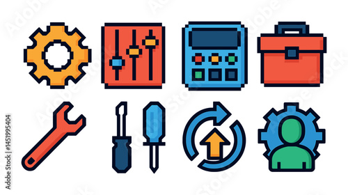 Industrial and engineering icons set – flat, filled, tools and machinery graphics