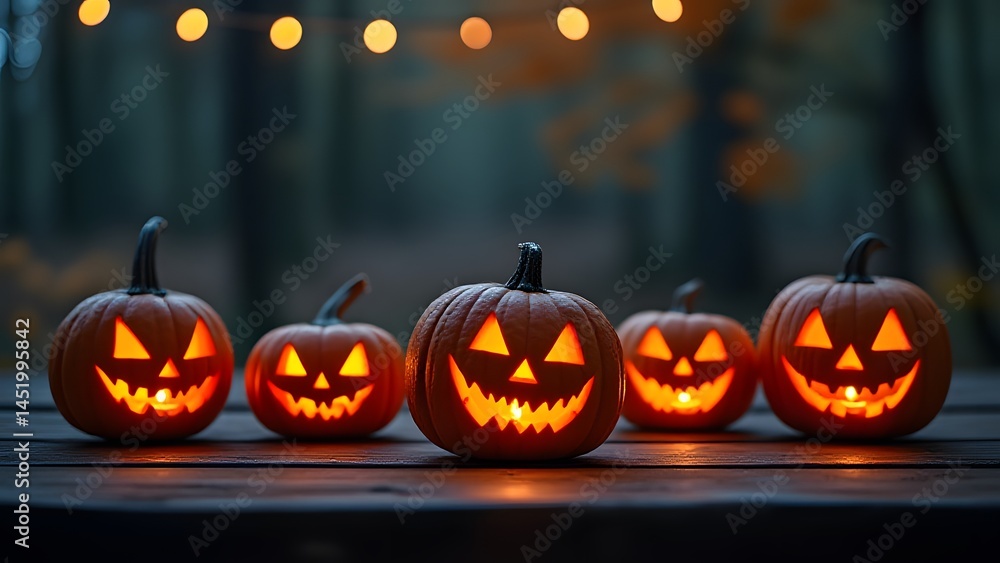 Fototapeta premium Spooky Halloween Jack-o'-lanterns on Wooden Table