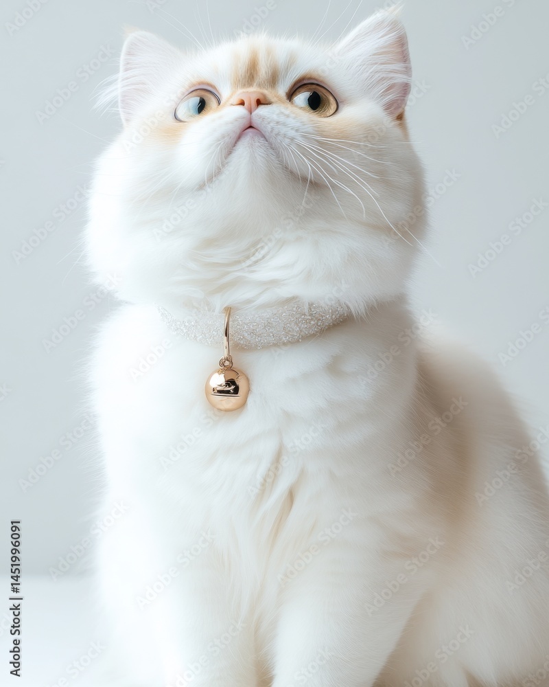 Fototapeta premium Elegant white cat with golden collar gazes upward in bright indoor setting