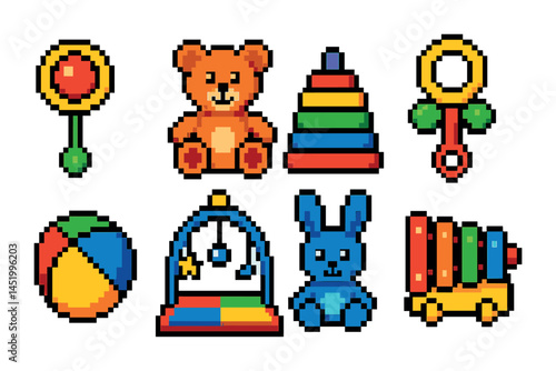 Kids toys pixel art icons set – gaming, playful, vibrant style illustrations