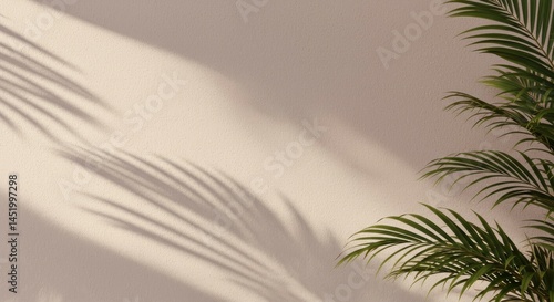 Palm Branch Shadow on Wall with Green Plant Accent