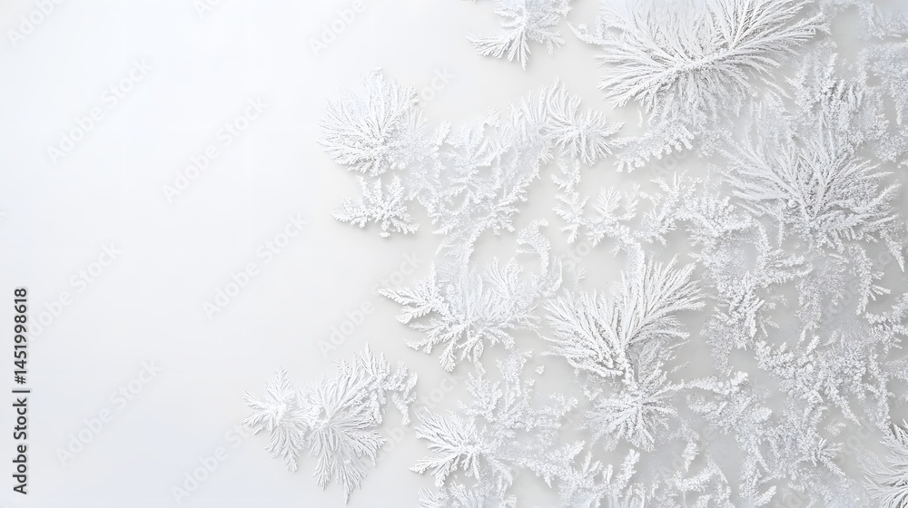 Obraz premium Frost Patterns: Intricate frost patterns spreading across a white background, with delicate ice crystals forming unique shapes. 