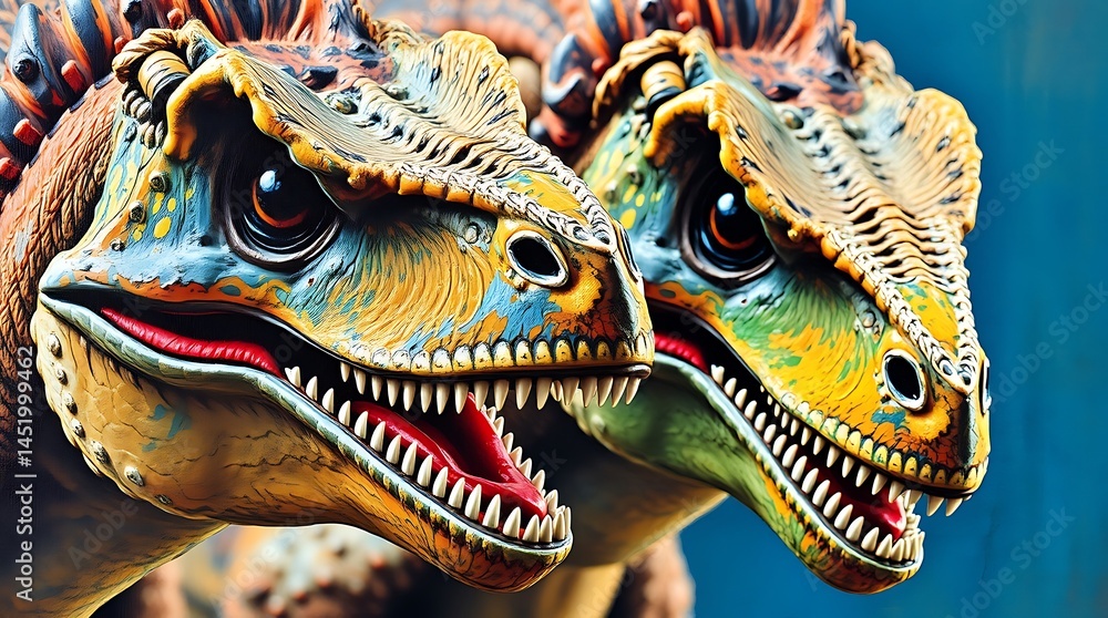 Fototapeta premium Extreme macro close-up of raptor dinosaurs, bold acrylic painting with vibrant colors and textured brushstrokes; small subject detail
