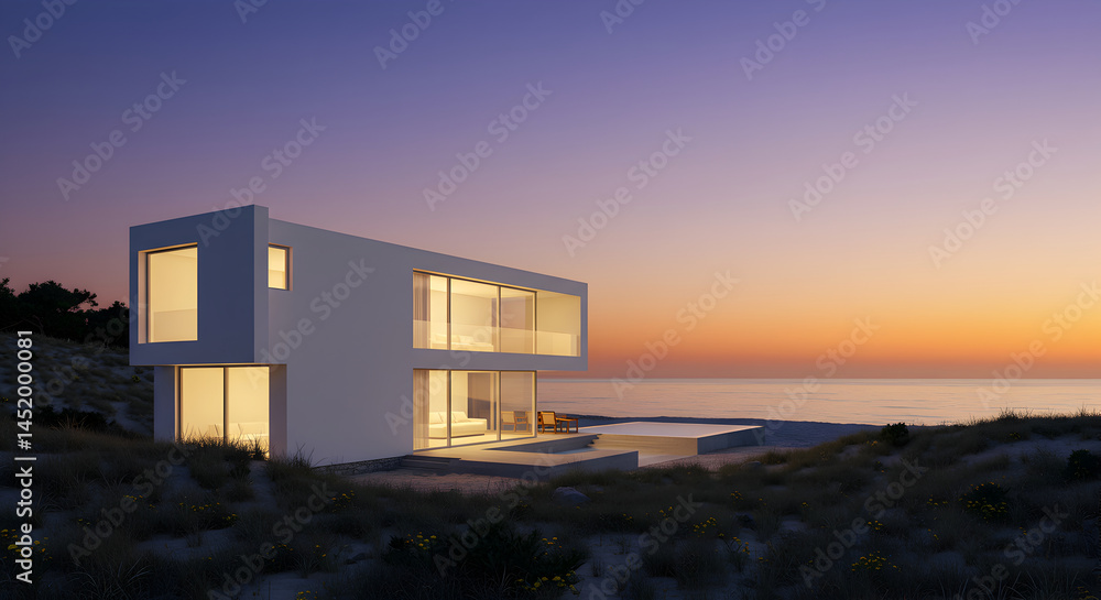 Fototapeta premium Contemporary Coastal Villa At Sunset With Tranquil Ocean Scenery