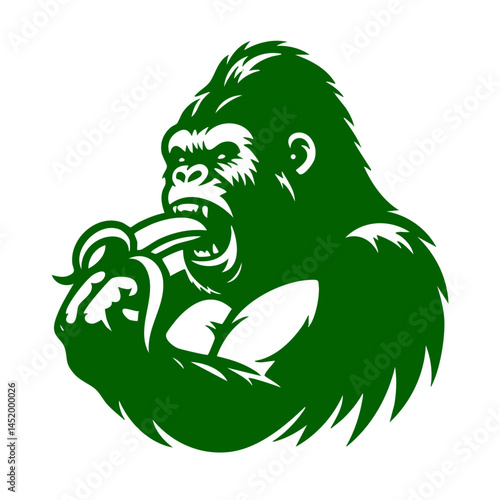 Green Gorilla Eating Banana: Powerful Ape Vector Graphic