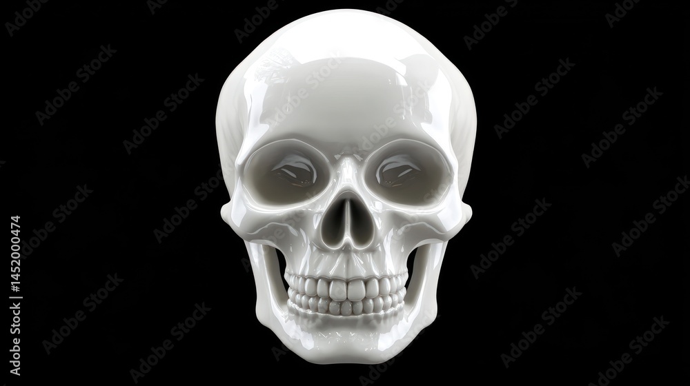 Front view of a realistic, glossy white human skull against a stark black background