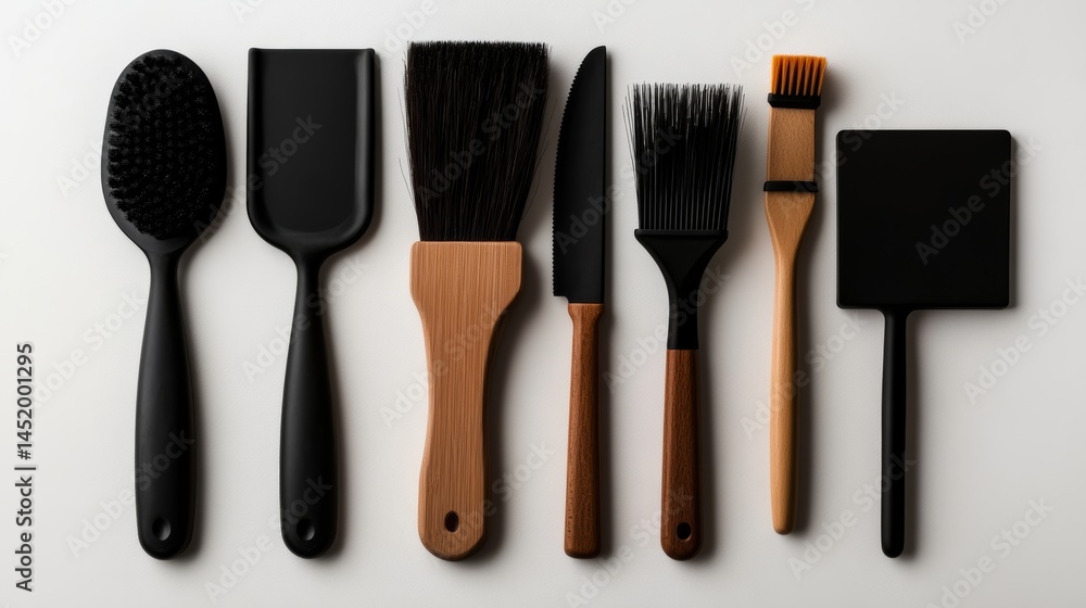 Fototapeta premium A variety of dustpans and handheld brushes, placed on a clean white surface,