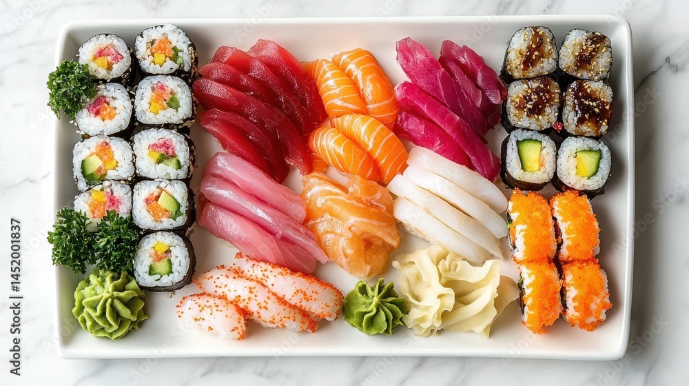 Sushi platter with sashimi, pickled ginger, and wasabi Sushi platter with sashimi, pickled ginger, and wasabi