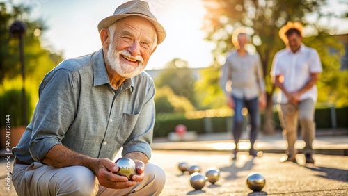 Happy Senior Man Playing Petanque - Minimalist Outdoor Photo