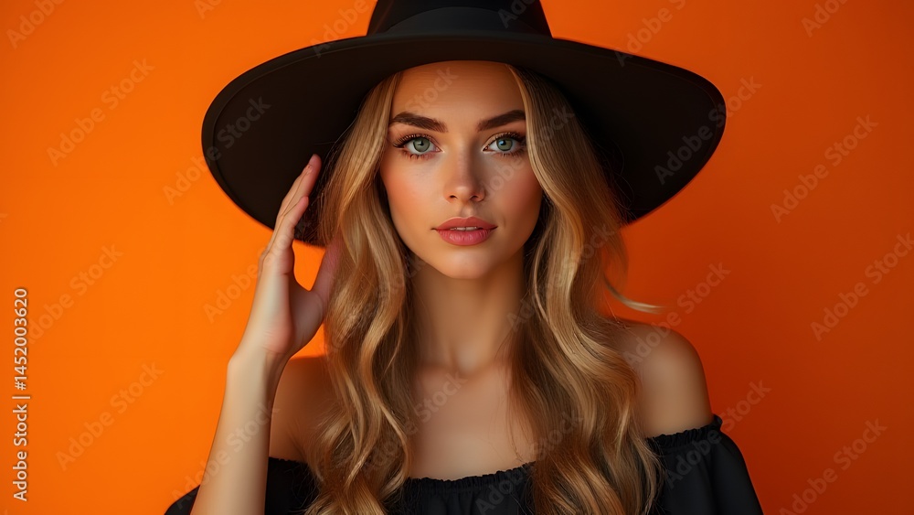 Stunning Blonde Woman in Black Hat Orange Background Fashion Portrait Stunning Blonde Woman in Black Hat Orange Background Fashion Portrait