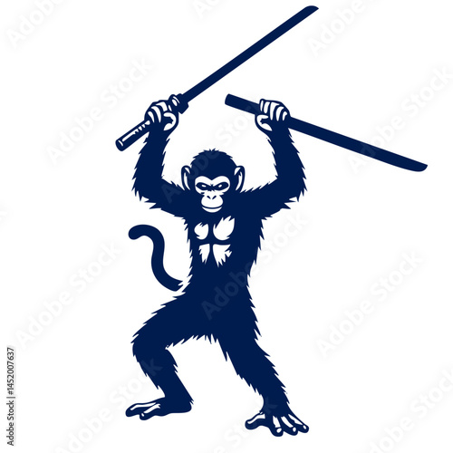 Powerful Chimpanzee Warrior with Katanas:  A fierce primate illustration